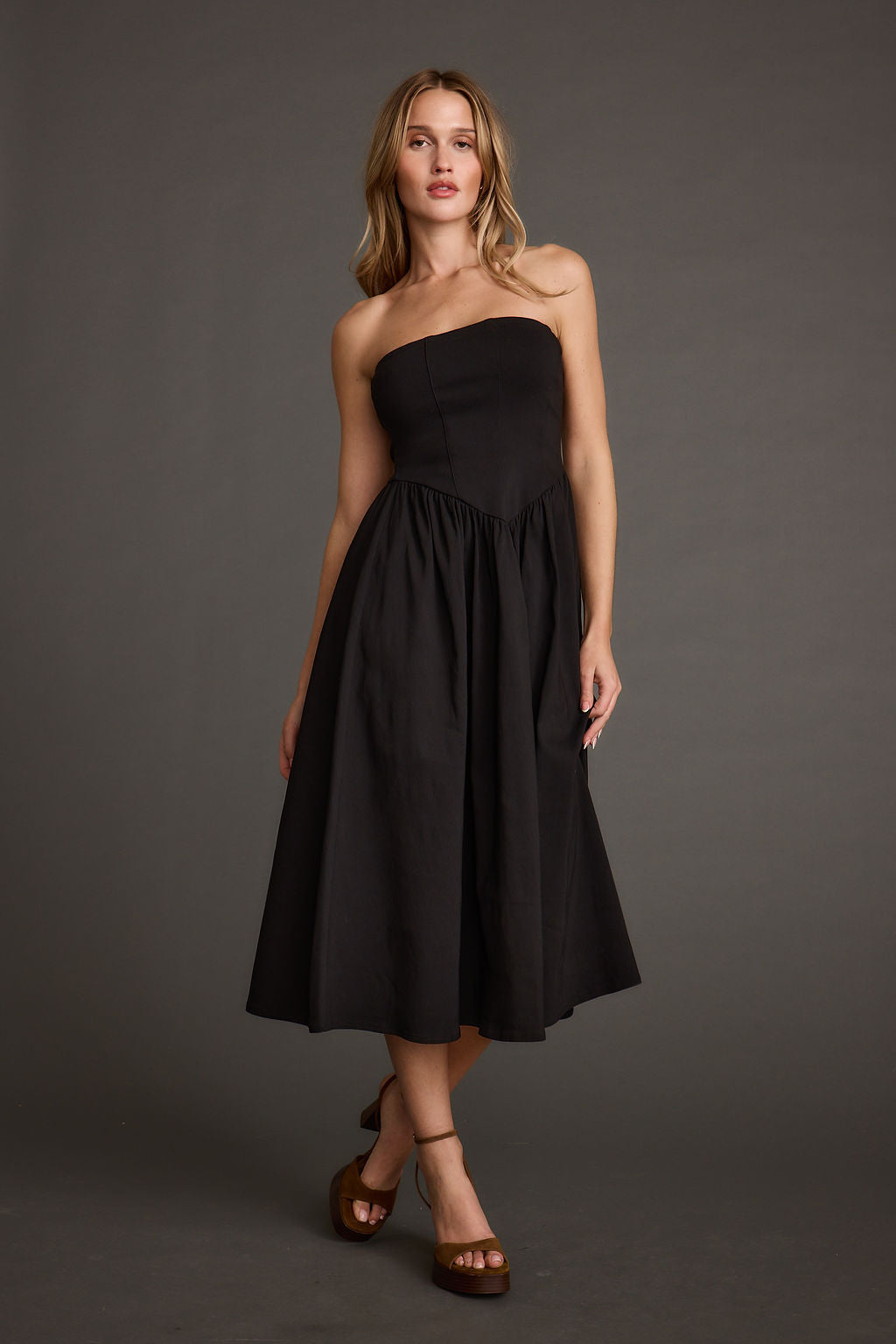 Blaire Strapless Drop Waist Midi Dress