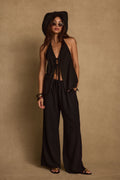 Clear Breeze Black Tie Linen Top