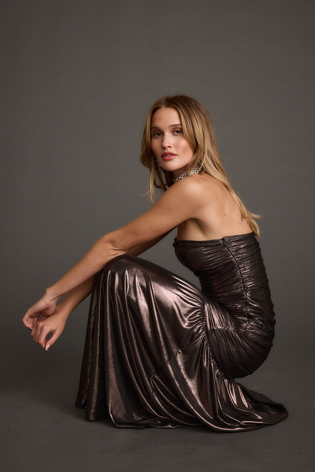 LaBelle Gunmetal Metallic Drop Waist Maxi Dress