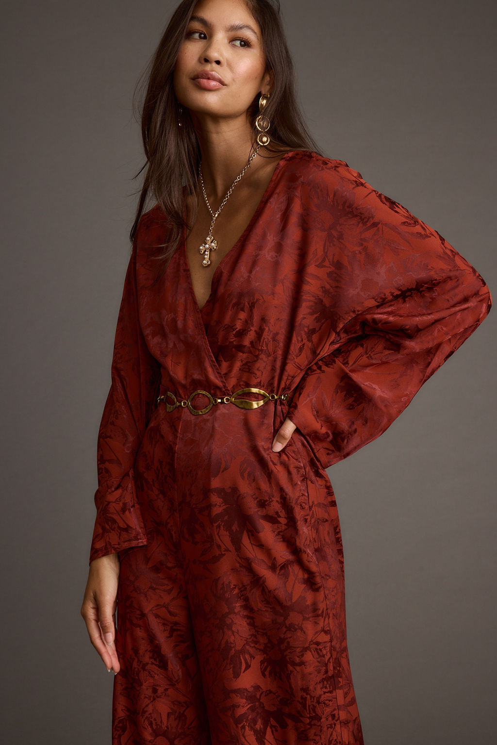 Noelle Cinnamon Satin Jacquard Jumpsuit